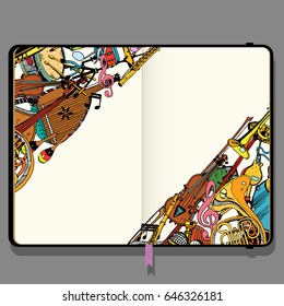 Vector Sketchbook with Shadows and Hand Drawn Doodles. Collection of Music Instruments. Music and Recreation Time Concept.