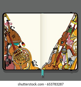 Vector Sketchbook with Shadows and Hand Drawn Doodles. Collection of Music Instruments. Music and Recreation Time Concept.