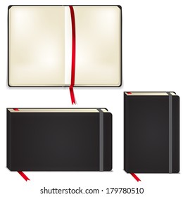 Vector sketchbooks set - horizontal, vertical and open book with ribbon