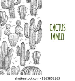 Vector sketched cactuses banner template with text. Illustration of cactus spiky, outline banner with cacti