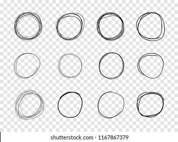 Vector Sketched Circles, Design Elements Set on Transparent Background, Black Freehand Drawings.