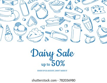 Vector sketched dairy elements sale illustration with place for text