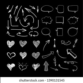 Vector Sketched Design Elements Set Isolated on Black Background, White Lines, Chalk Drawn Illustration.