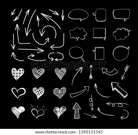 Vector Sketched Design Elements Set Isolated on Black Background, White Lines, Chalk Drawn Illustration.