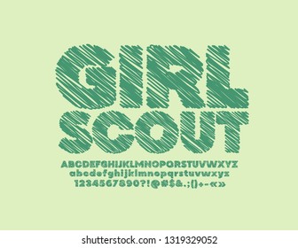 Vector sketched emblem Girl Scout with Green Chalk Font. Hand Drawn pencil Alphabet Letters, Numbers and Symbols.