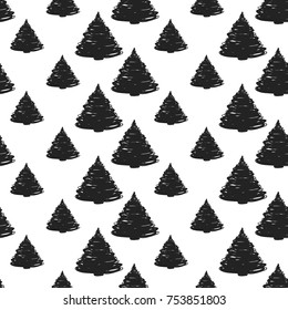 Vector sketched fir seamless pattern. Merry Christmas and happy new year greeting card backdrop design. Retro hand drawn flat art on white background.