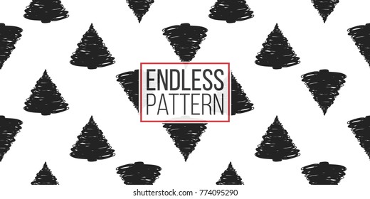 Vector sketched fir seamless pattern. Merry Christmas and happy new year greeting card backdrop design. Retro hand drawn flat art on white background.