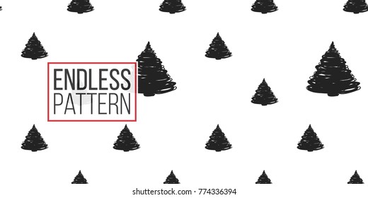Vector sketched fir seamless pattern. Merry Christmas and happy new year greeting card backdrop design. Retro hand drawn flat art on white background.