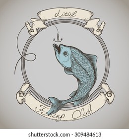 vector sketched fish, fishing club logo design