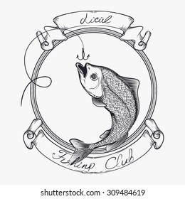 vector sketched fish, fishing club logo design