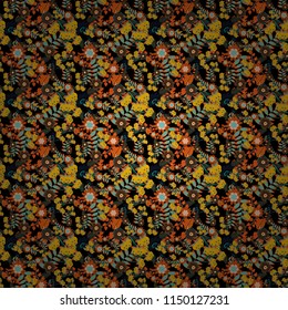 Vector sketched flower print in black, orange and blue colors - seamless background.