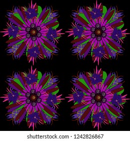 Vector sketched flower print in black, purple and brown colors - seamless background.