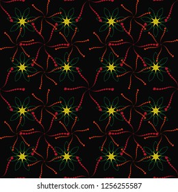 Vector sketched flower print in black, red and green colors - seamless background.