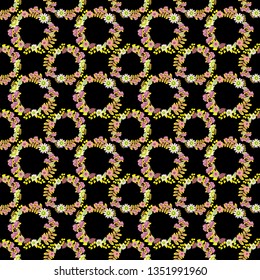 Vector sketched flower print in black, pink and yellow colors - seamless background.
