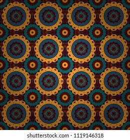 Vector sketched flower print in blue, yellow and brown colors - seamless background.
