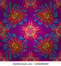 Vector sketched flower print in blue, pink and purple colors - seamless background.