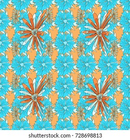 Vector sketched flower print in blue, yellow and black colors - seamless background.