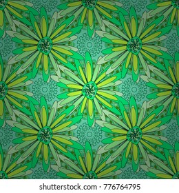 Vector sketched flower print in blue, black and green colors - seamless background.