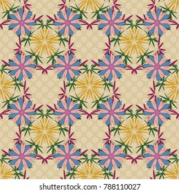 Vector sketched flower print in blue, pink and beige colors - seamless background.