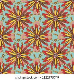 Vector sketched flower print in brown, orange and blue colors - seamless background.