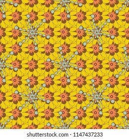 Vector sketched flower print in brown, magenta and yellow colors - seamless background.