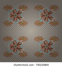 Vector sketched flower print in brown, gray and blue colors - seamless background.