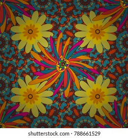 Vector sketched flower print in brown, blue and yellow colors - seamless background.