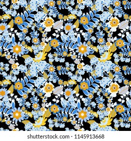 Vector sketched flower print in gray, blue and black colors - seamless background.