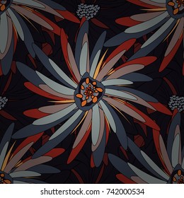 Vector sketched flower print in gray, black and blue colors - seamless background.