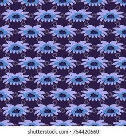 Vector sketched flower print in gray, neutral and blue colors - seamless background.