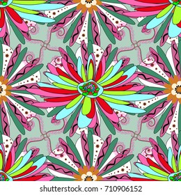 Vector sketched flower print in green, pink and neutral colors - seamless background.