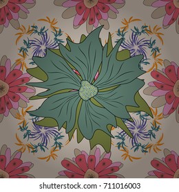 Vector sketched flower print in green, beige and pink colors - seamless background.