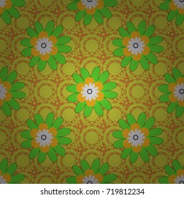 Vector sketched flower print in green, red and yellow colors - seamless background.