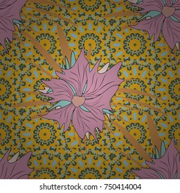 Vector sketched flower print in green, yellow and pink colors - seamless background.