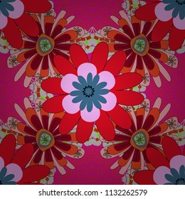 Vector sketched flower print in magenta, red and pink colors - seamless background.