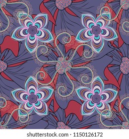 Vector sketched flower print in neutral, blue and red colors - seamless background.