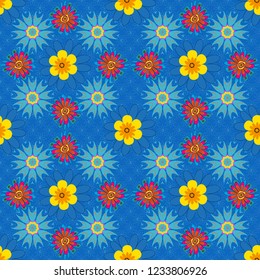 Vector sketched flower print in orange, yellow and blue colors - seamless background.