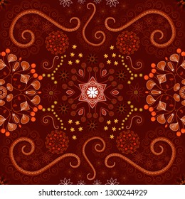 Vector sketched flower print in orange, red and brown colors - seamless background.