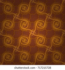 Vector sketched flower print in orange, brown and yellow colors - seamless background.