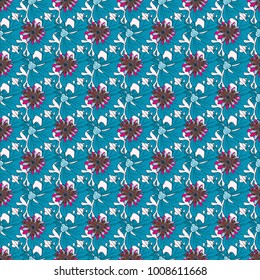 Vector sketched flower print in pink, black and blue colors - seamless background.