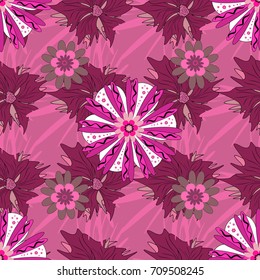 Vector sketched flower print in pink, red and purple colors - seamless background.