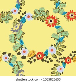 Vector sketched flower print in red, green and yellow colors - seamless background.