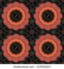 Vector sketched flower print in red, black and orange colors - seamless background.
