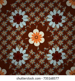 Vector sketched flower print in red, blue and orange colors - seamless background.