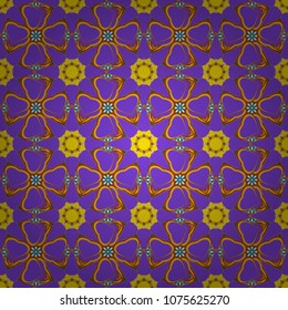 Vector sketched flower print in yellow, brown and violet colors - seamless background.