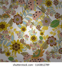 Vector sketched flower print in yellow, beige and white colors - seamless background.