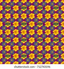 Vector sketched flower print in yellow, purple and blue colors - seamless background.
