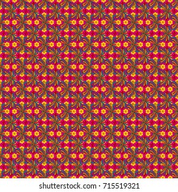 Vector sketched flower print in yellow, magenta and blue colors - seamless background.