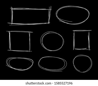 Vector Sketched Geometric Shapes Set, White Chalk Drawings Isolated on Black Background, Hand Drawn Scribble Circles, Squares, Ellipses.
