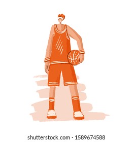 Vector sketched hand draw illustration of sportsman in sport orange uniform, standing with basketball ball, isolated on white background. Professional basketball player illustration, hand drawn style